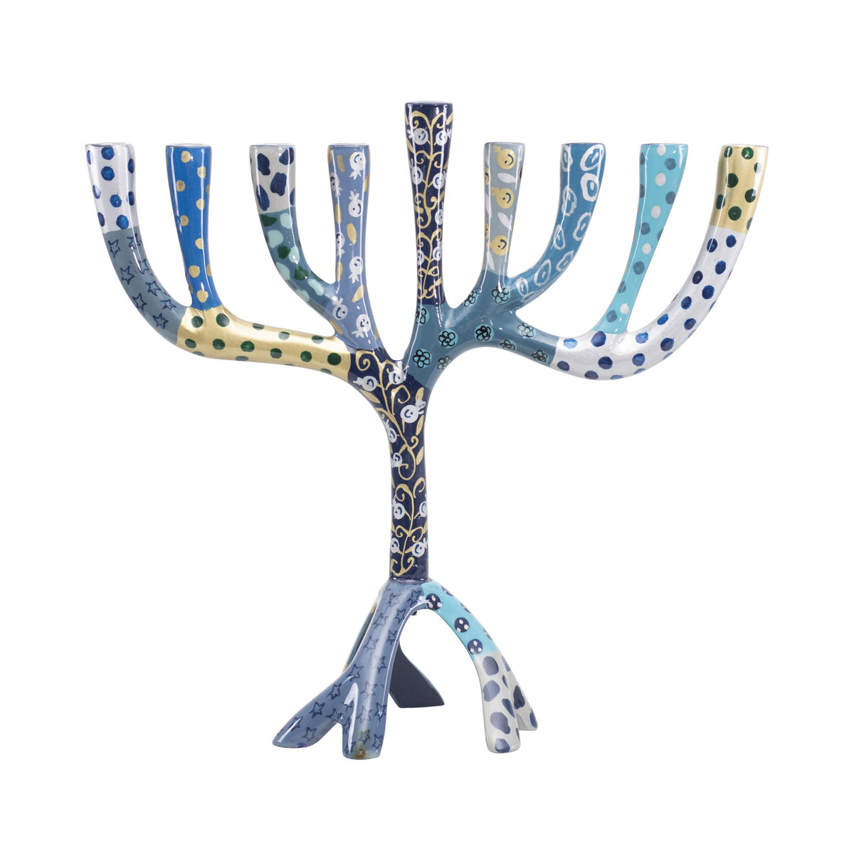 Hand Painted Aluminum Menorah, Blue Mosaic