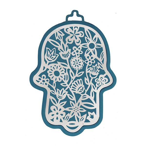 Large Metal Cutout Hamsa, Blue and Silver Floral