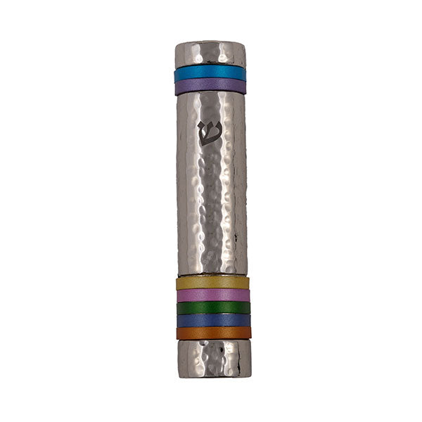 Hammered Metal Mezuzah Case, Multicolor Rings, 5.5"