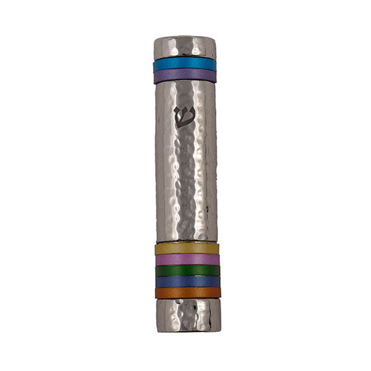 Hammered Metal Mezuzah Case, Multicolor Rings, 5.5"