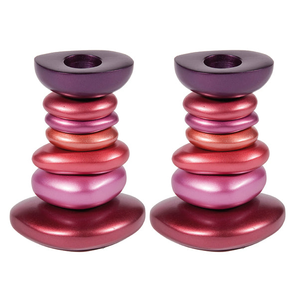 Stacked Zen Stone Aluminum Shabbat Candlesticks, Maroon