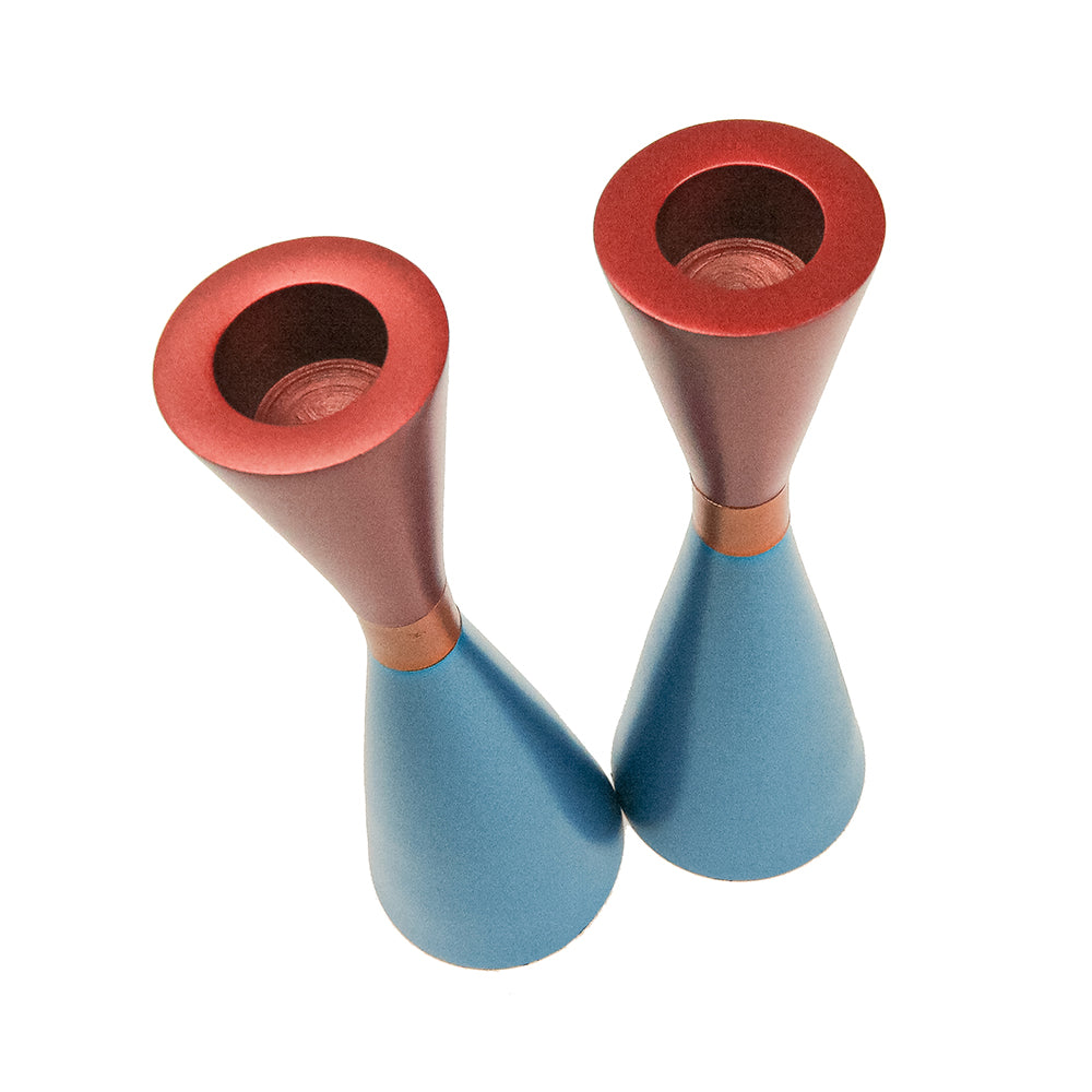 Modern Anodized Aluminum Shabbat Candlesticks, Turquoise and Red