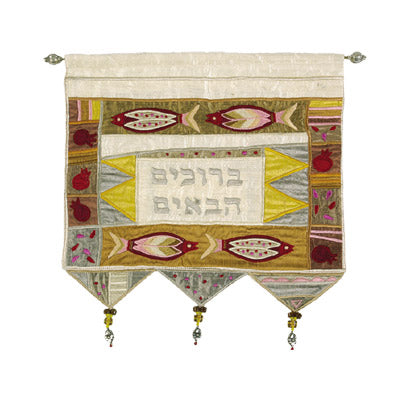 Embroidered Wall Hanging, Welcome and Fish