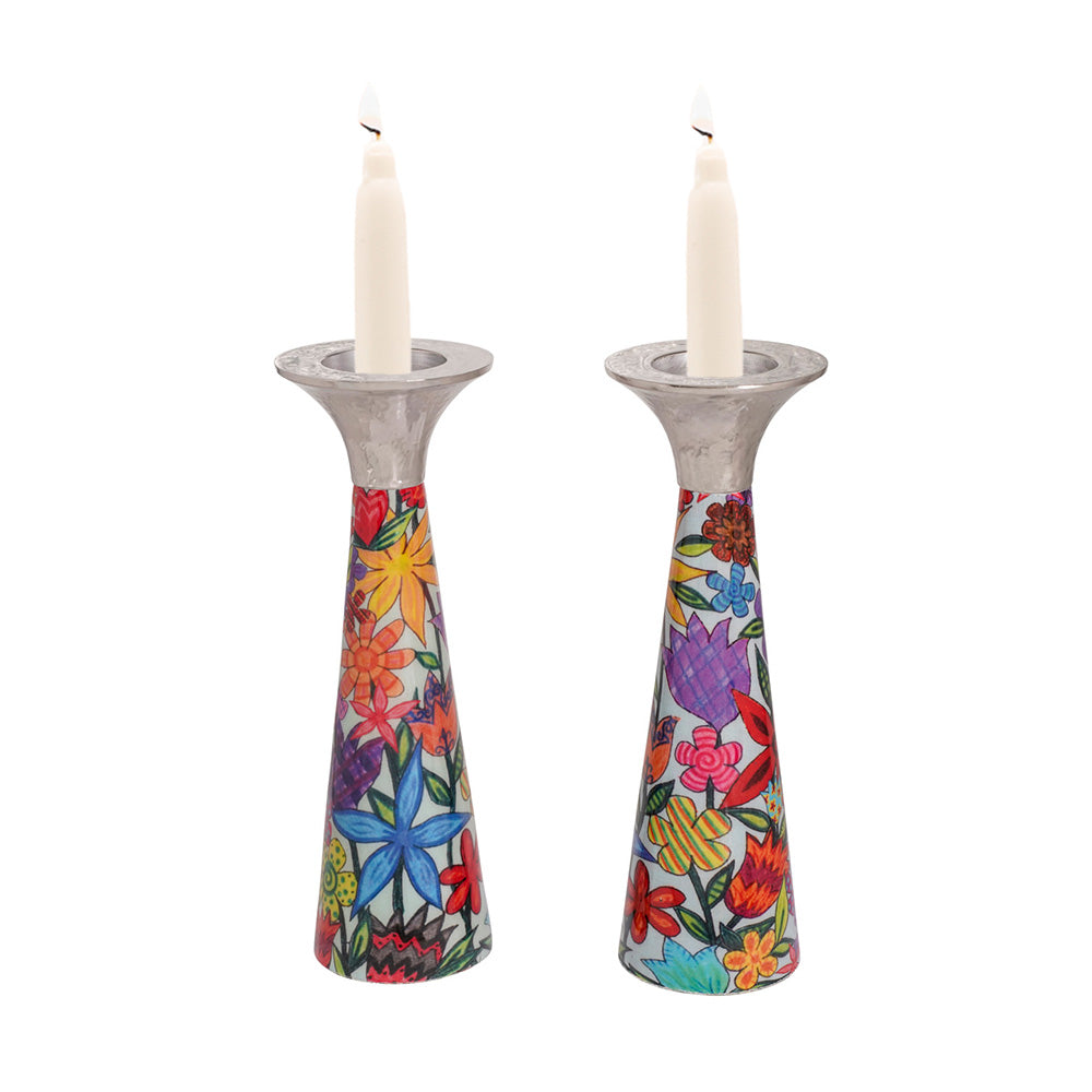 Neema Enamel Cone Shabbat Candlesticks, Tall Floral