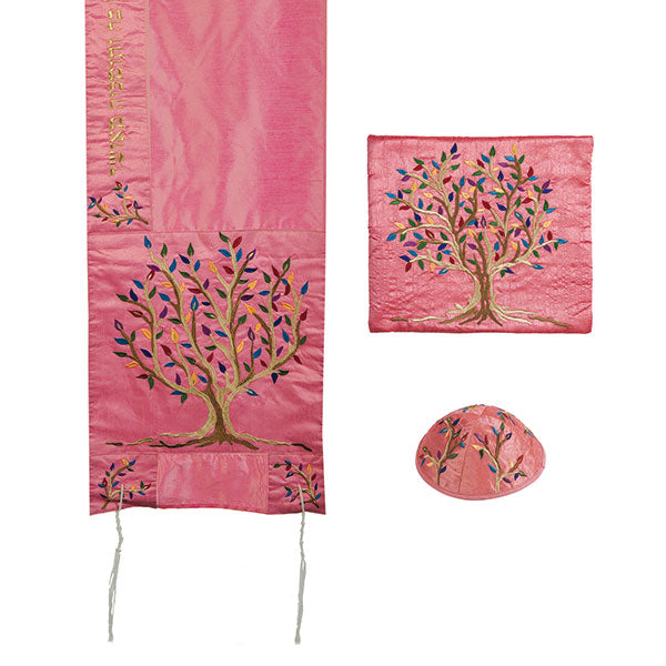 Embroidered Tallit Set, Tree of Life, Pink