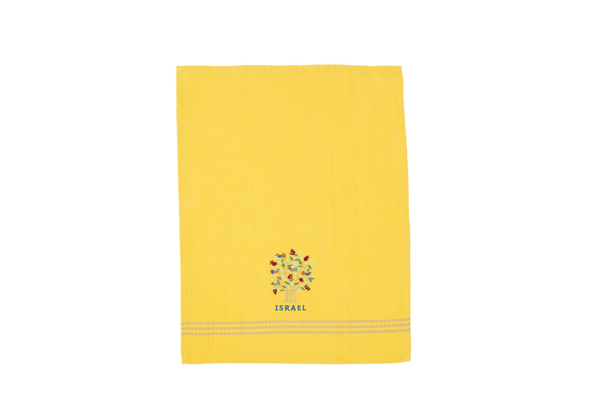 Embroidered Cotton Dish Towel, Tree of Life Israel, Yellow