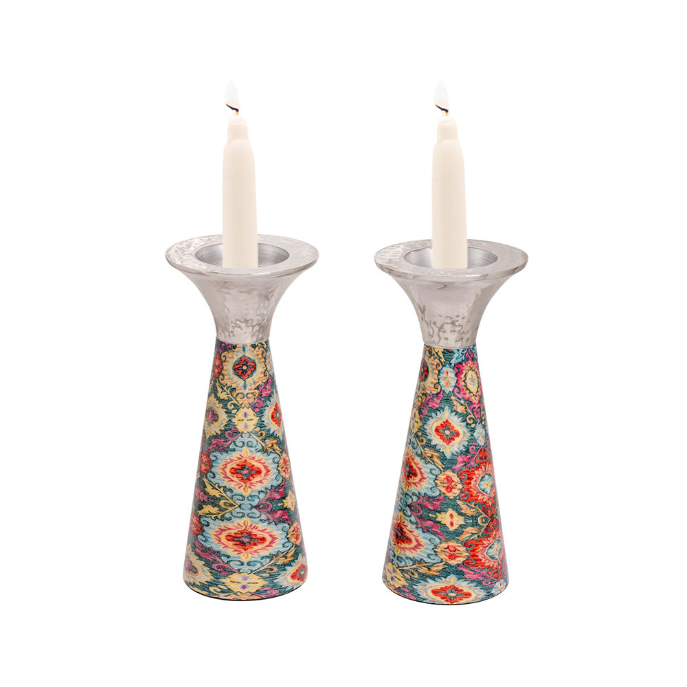 Cone Metal Shabbat Candlesticks, Multicolor Embroidery Pattern