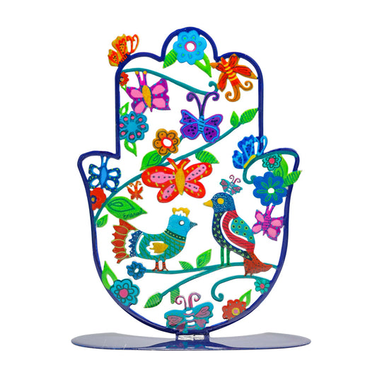 Hand Painted Metal Hamsa Stand, Birds and Flowers