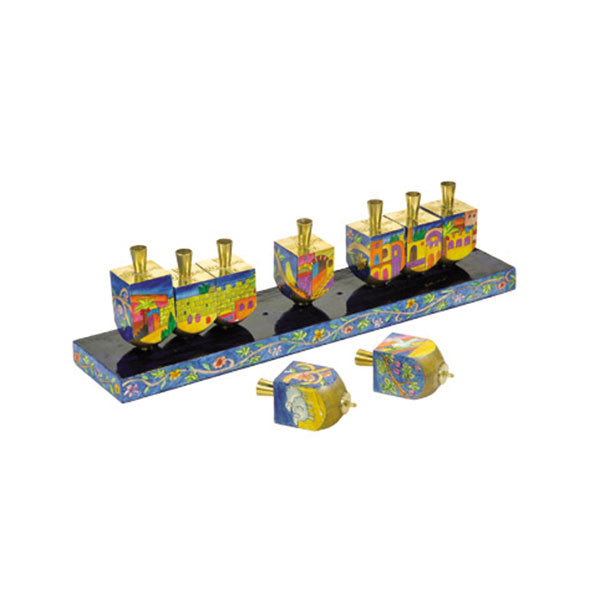 Hand Painted Wood Menorah, Jerusalem, 14"