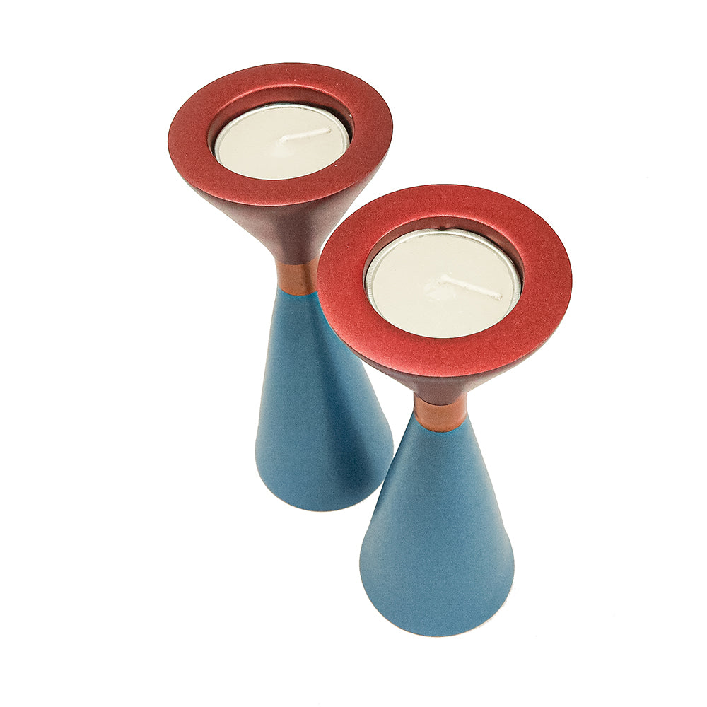 Modern Two-Sided Aluminum Candlesticks, Red & Turquoise