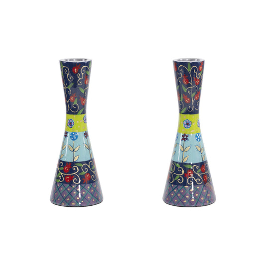 Hand Painted Metal Shabbat Candlesticks, Multicolor Layers