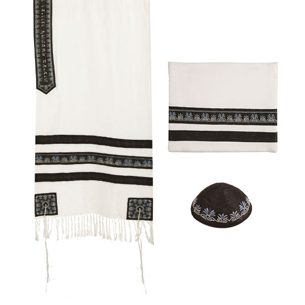 Embroidered Cotton Blend Tallit, Black Stripes, 19.5" Wide