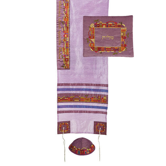Embroidered Tallit Set, Jerusalem Purple