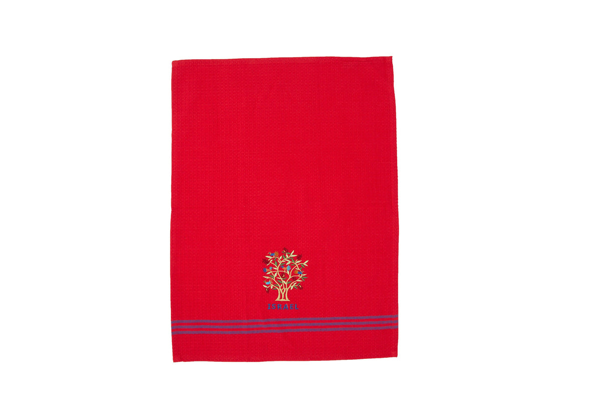 Embroidered Cotton Dish Towel, Tree of Life Israel, Red