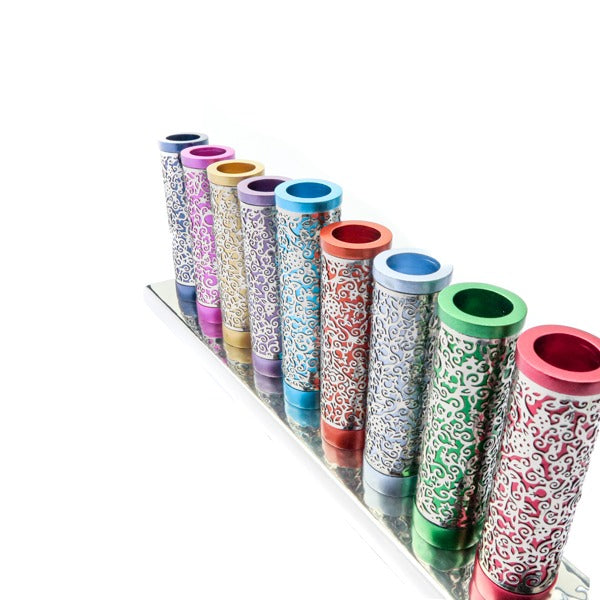 Cutout Metal Menorah, Multicolor Cylinders