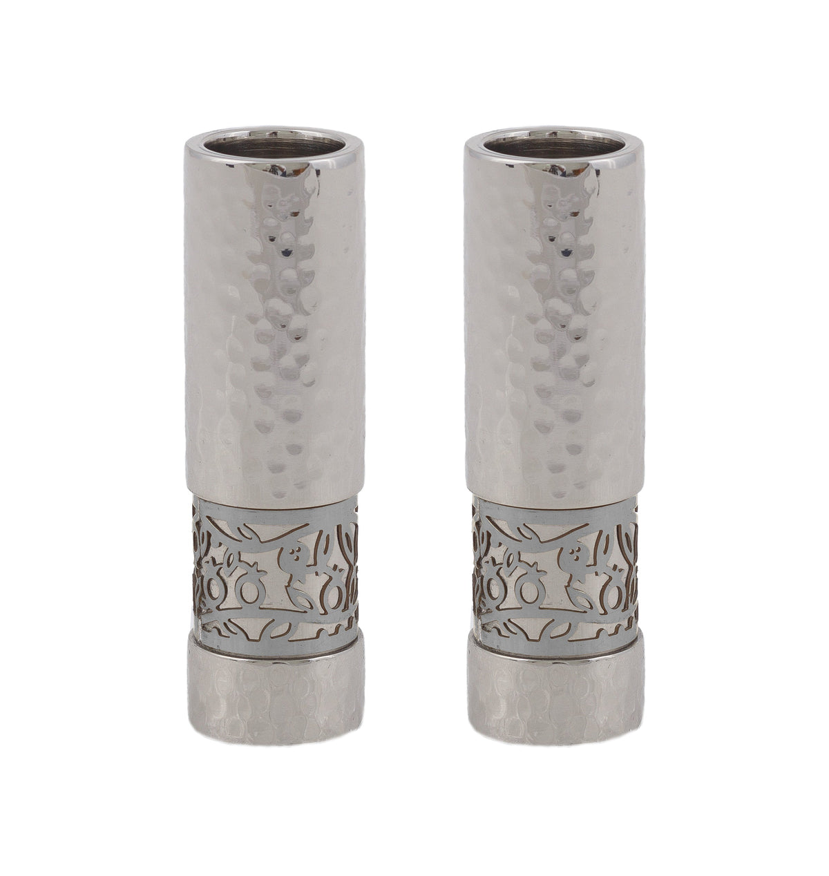 Hammered Aluminum Shabbat Candlesticks, Pomegranate Cutout