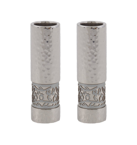 Hammered Aluminum Shabbat Candlesticks, Pomegranate Cutout