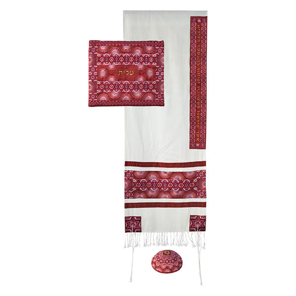Embroidered Tallit Set, Symbols, Maroon, 20.5" Wide