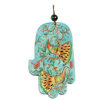 Hand Painted Wood Hamsa, Peacock, 6"