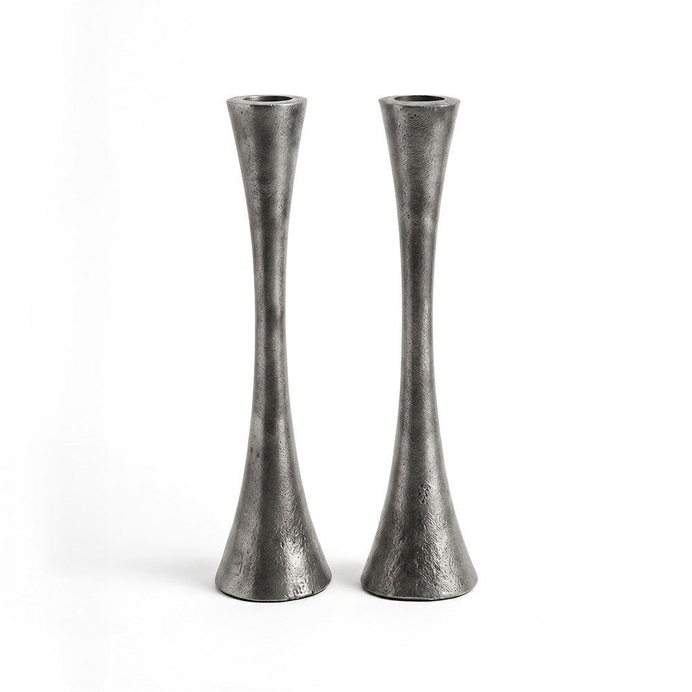 Modern Tapered Aluminum Shabbat Candlesticks, Antique Silver
