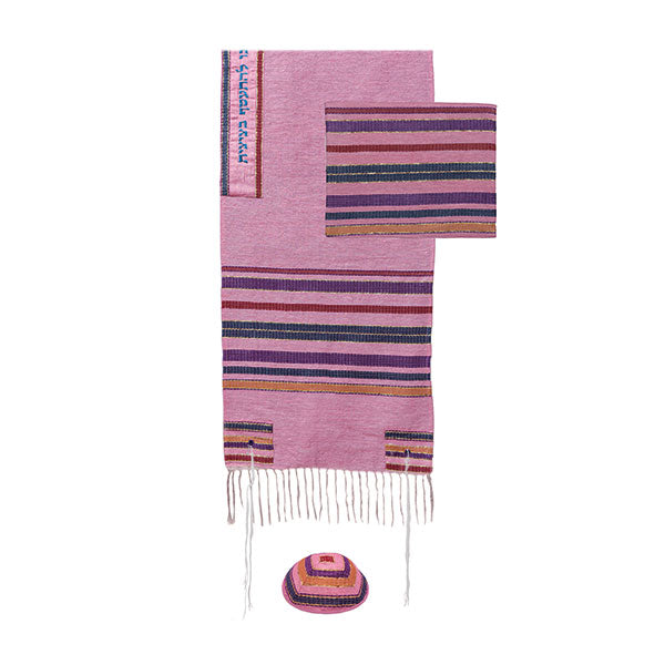 Hand Woven Tallit Set with Atara, Pink Multicolor, 20.5" Wide
