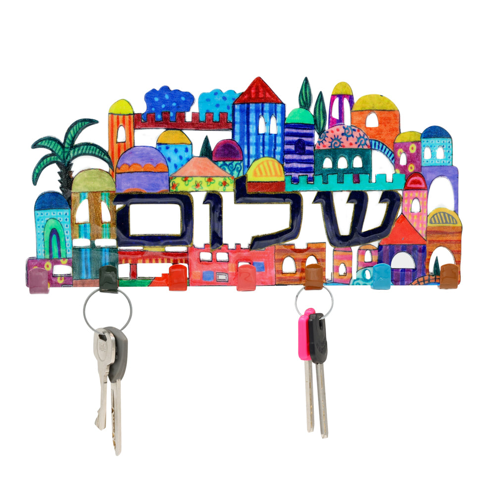 Laser Cut Metal Key Holder, Shalom Jerusalem 10"