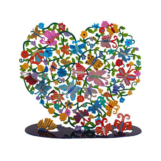 Hand Painted Metal Heart Sculpture, Butterflies and Flowers