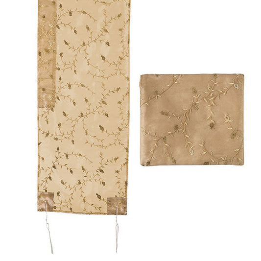 Embroidered Organza Tallit, Gold Pomegranate