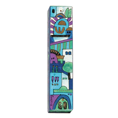 Hand Painted Wood Mezuzah Case, Jerusalem Blue