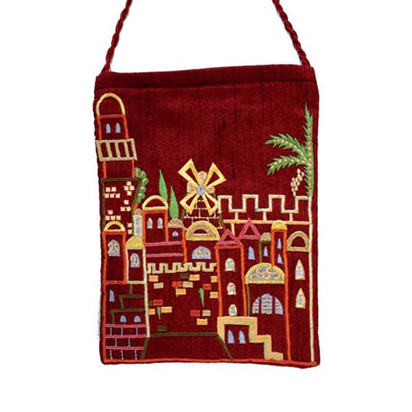 Embroidered Passport Bag, Jerusalem, Maroon