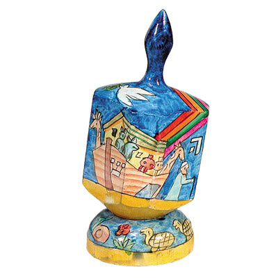 Hand Painted Wood Dreidel with Stand, Noah's Ark, Shin