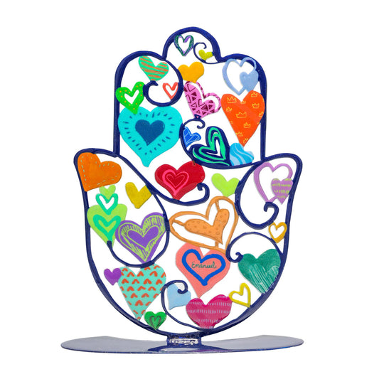 Hand Painted Metal Hamsa Stand, Hearts