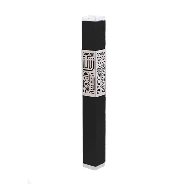Metal and Black Mezuzah Case, Jerusalem Cutout, 6"