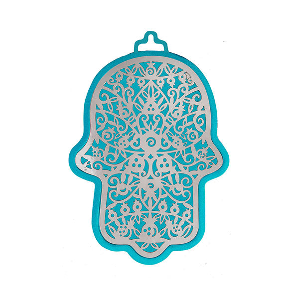 Small Turquoise Metal Hamsa, Silver Pomegranate Cutout, 3"