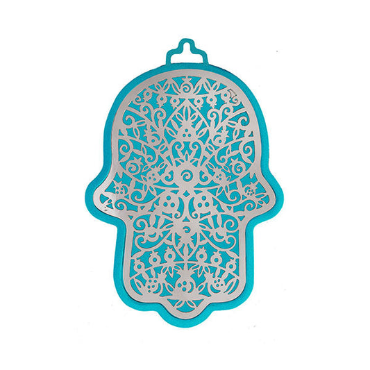 Small Turquoise Metal Hamsa, Silver Pomegranate Cutout, 3"