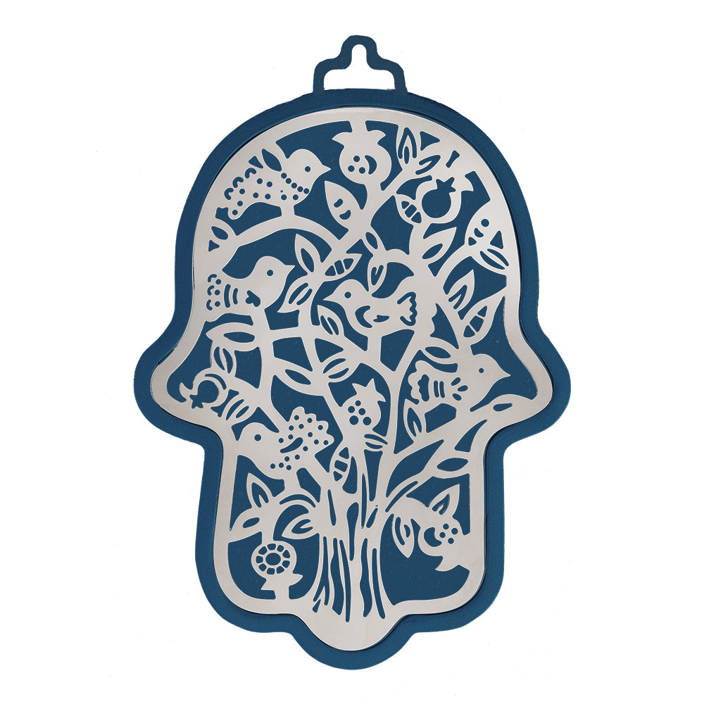 Large Blue Hamsa Wall Decor, 6.5", Aluminum and Steel Tree of Life