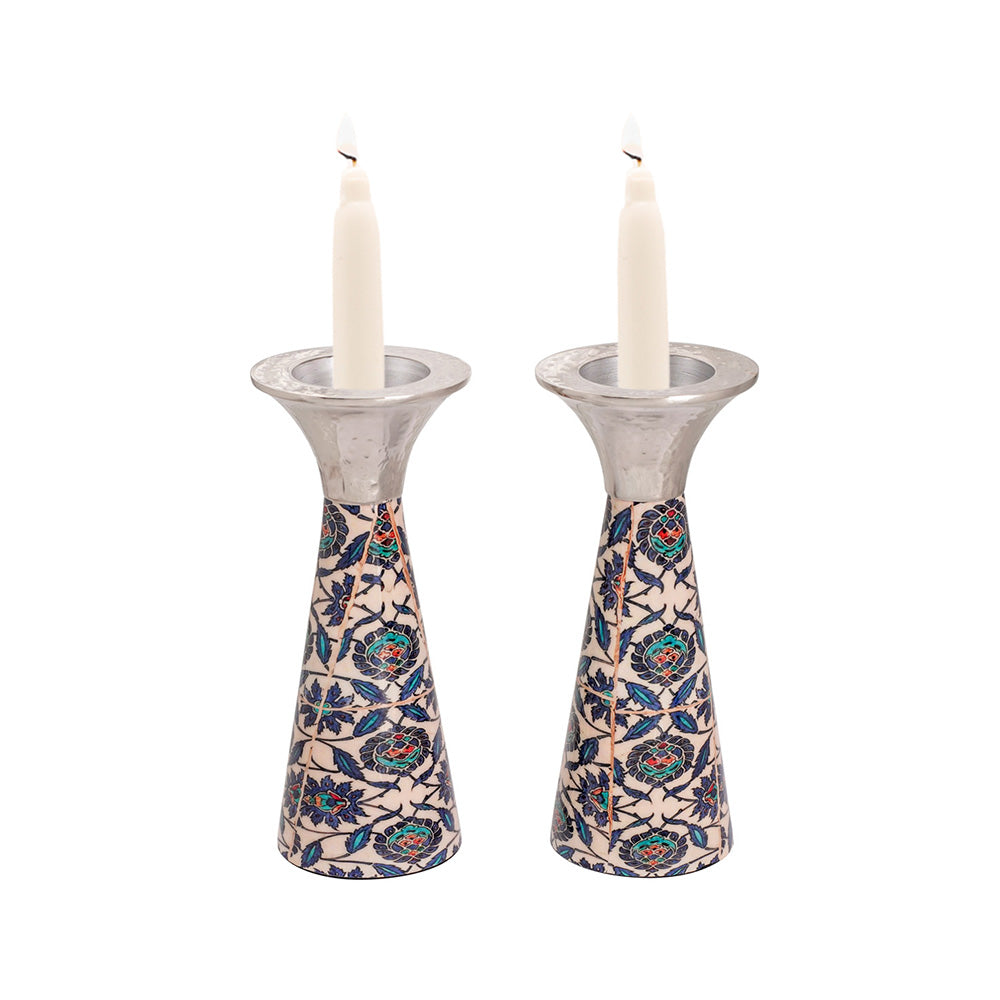 Cone Metal Shabbat Candlesticks, Oriental Floral