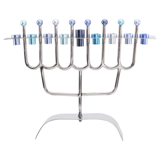 Modern Stainless Steel Menorah, Blue, 8.7"