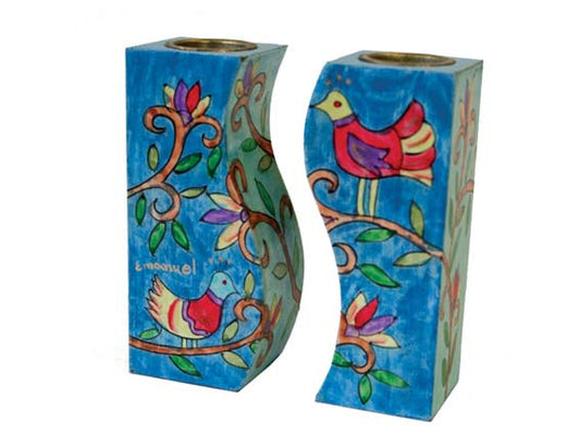 Hand Painted Wood Candlesticks, Birds