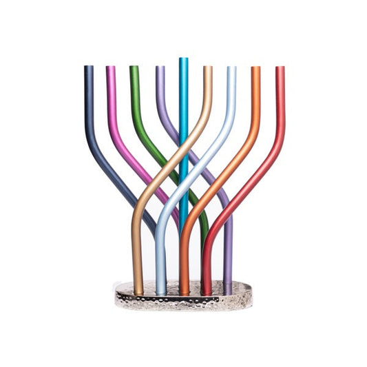 Modern Anodized Aluminum Menorah, Multicolor Flame