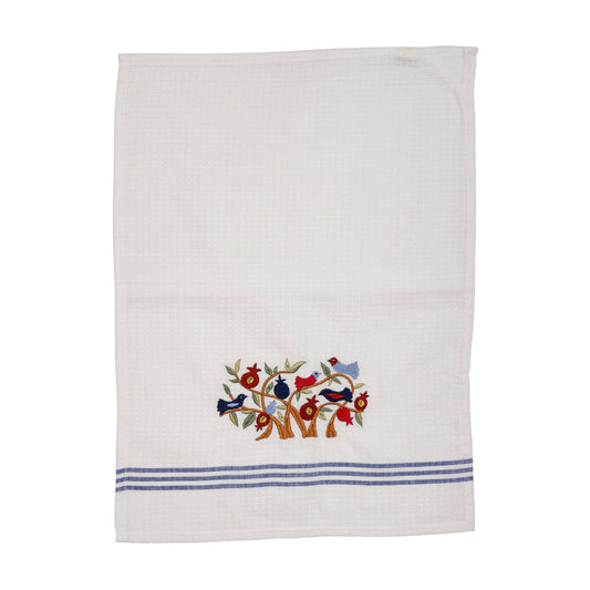 Embroidered Cotton Netilat Yedayim Towel, Pomegranate Tree and Birds