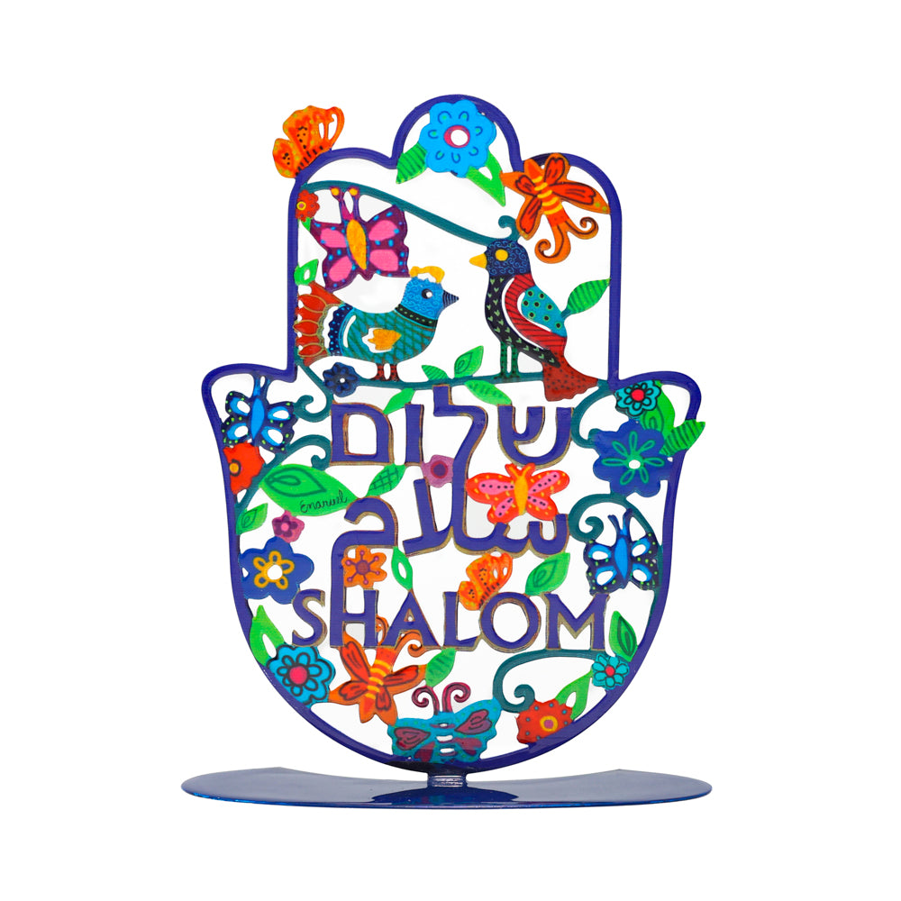 Cutout Metal Hamsa Stand, Shalom