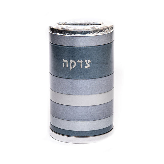 Cylindrical Metal Tzedakah Box, Gray Rings
