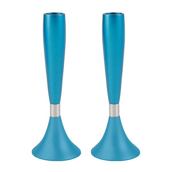 Modern Anodized Aluminum Shabbat Candlesticks, Turquoise