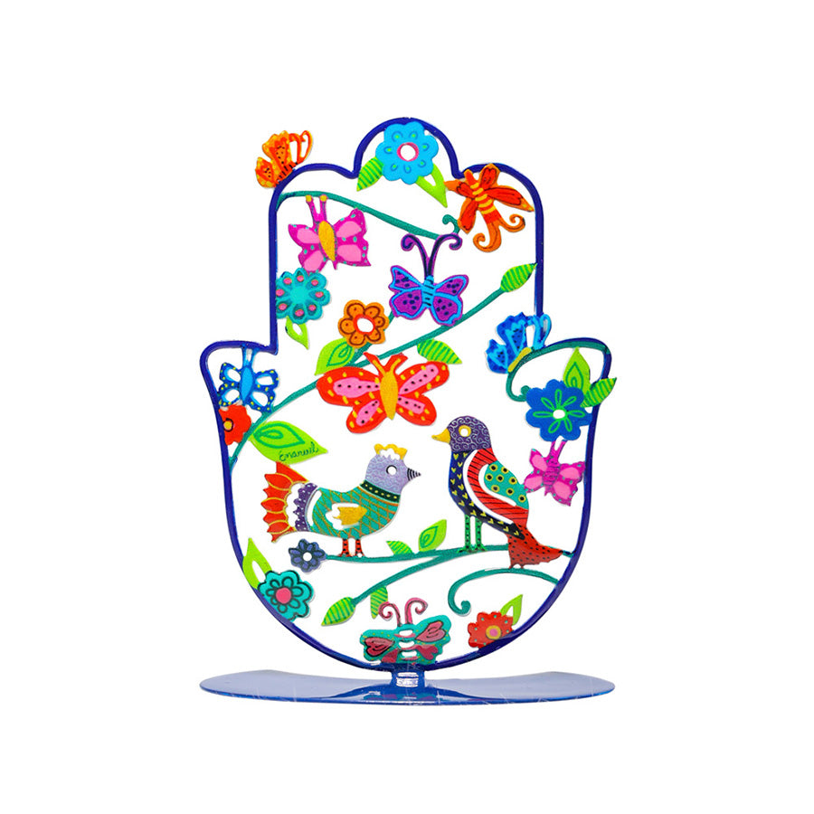 Painted Metal Hamsa Stand, Birds and Flowers