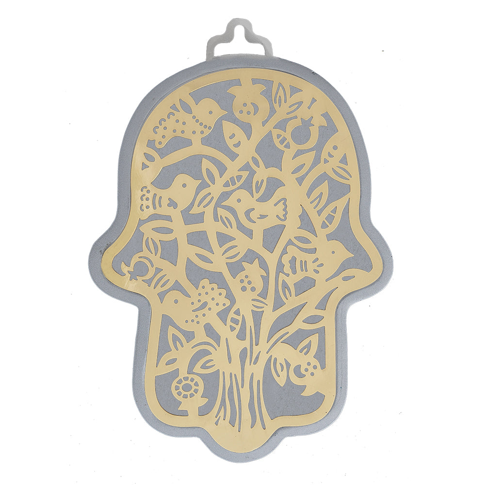 Large Silver Hamsa, Brass Tree Cutout, 6.5"