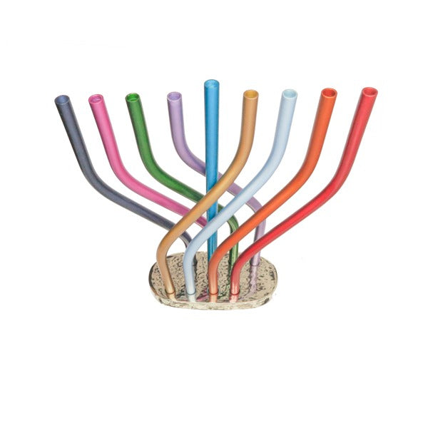 Modern Anodized Aluminum Menorah, Multicolor Flame