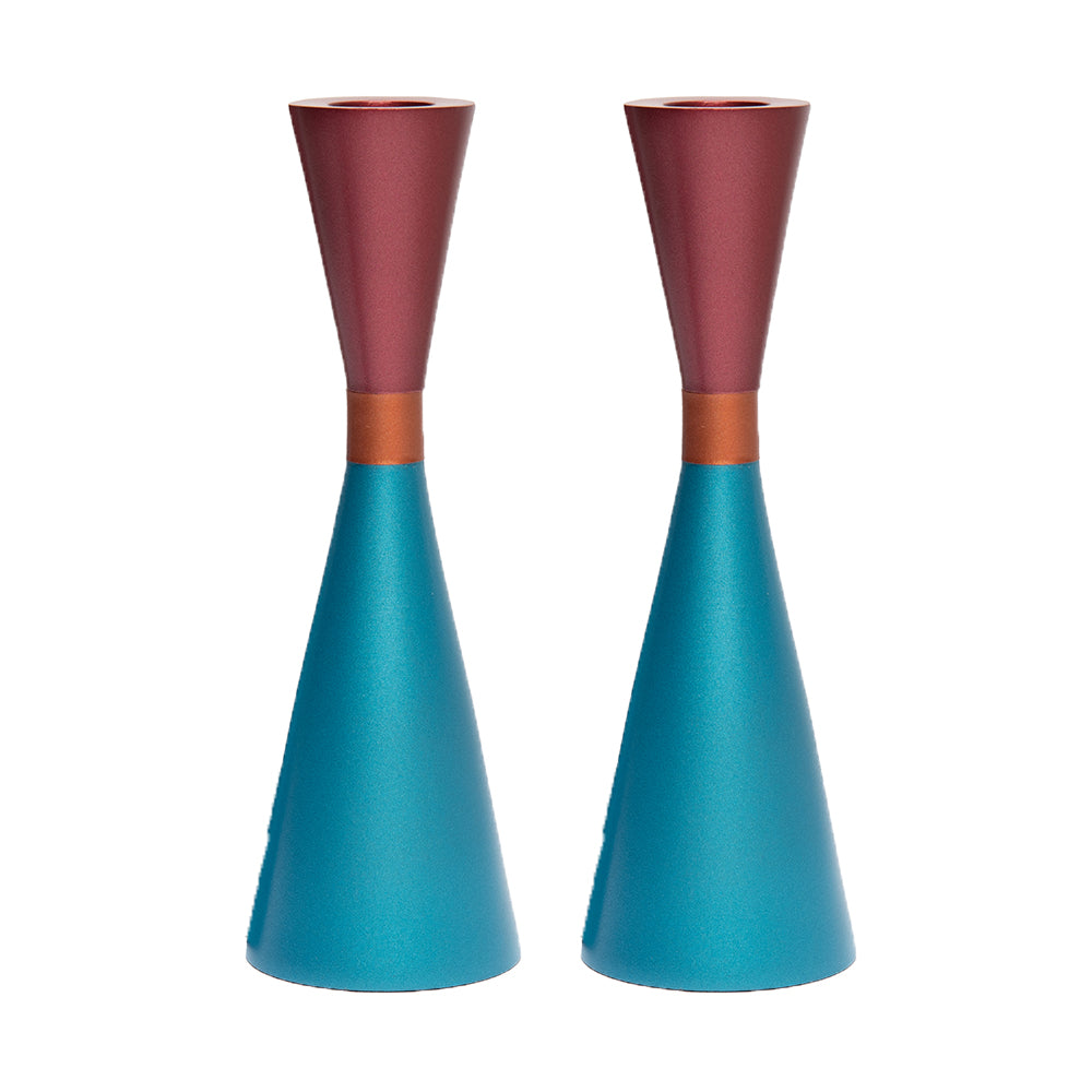 Modern Anodized Aluminum Shabbat Candlesticks, Turquoise and Red