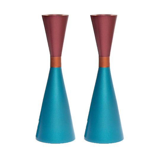 Modern Anodized Aluminum Shabbat Candlesticks, Turquoise and Red
