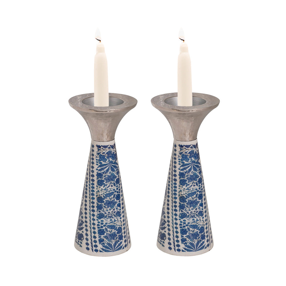 Neema Enamel Cone Candlesticks, Short Blue